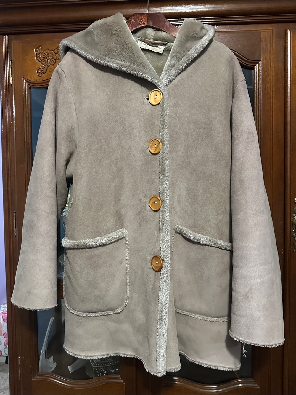 Jones New York Taupe Faux-Suede Hooded Coat